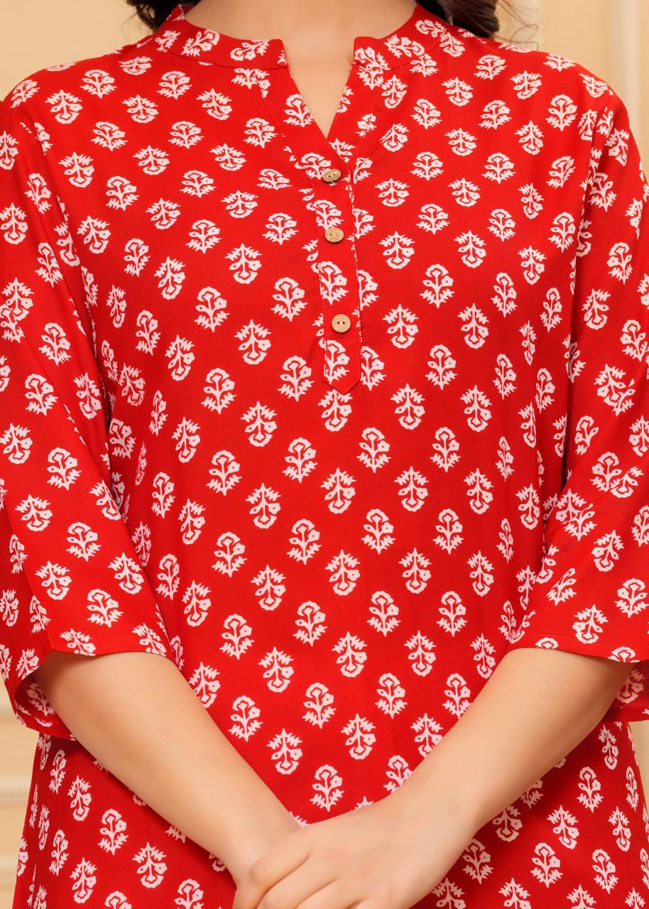 Pink Mandarin Collar Short Kurti with White & Red Block Print and Button Detail