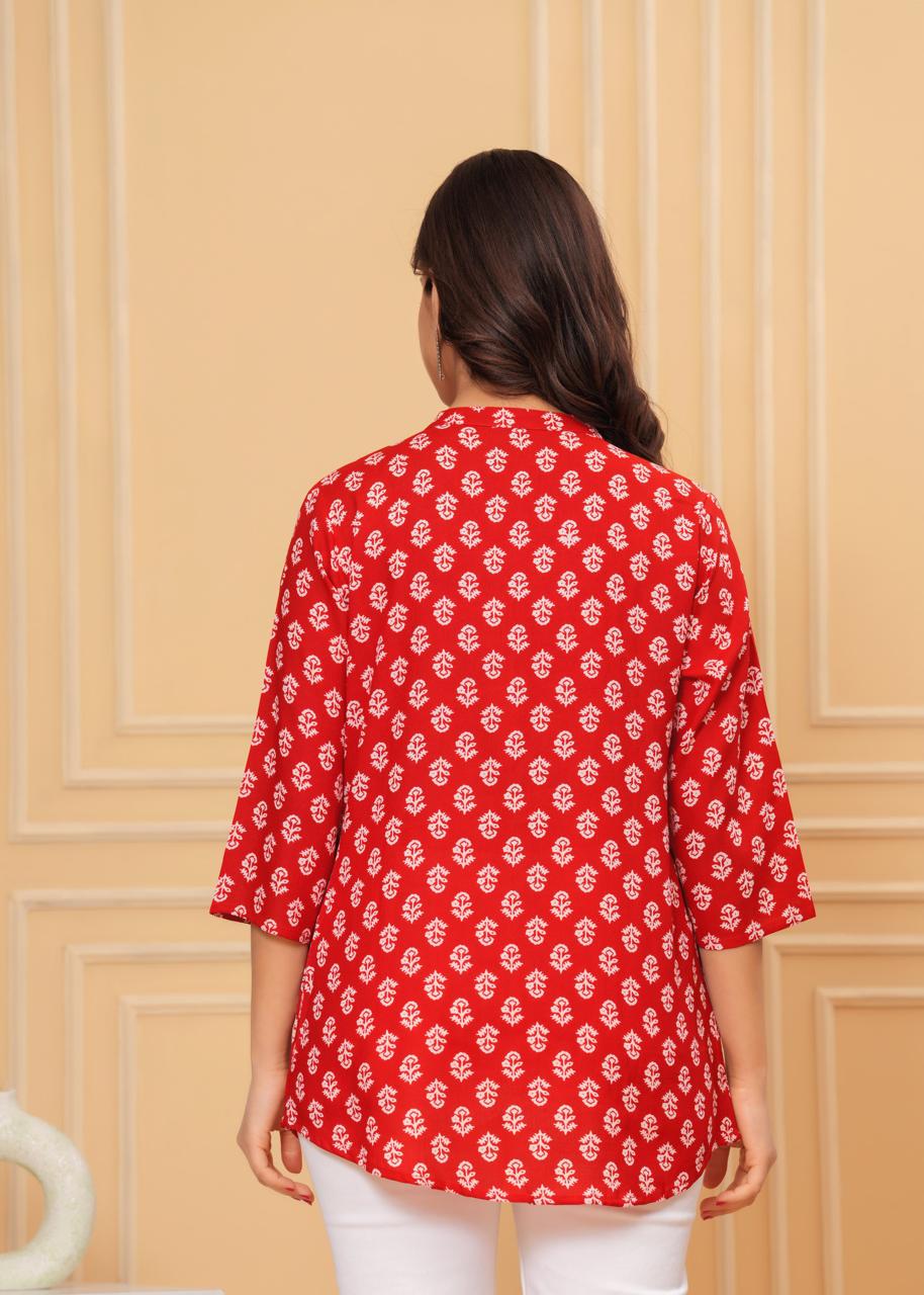 Pink Mandarin Collar Short Kurti with White & Red Block Print and Button Detail