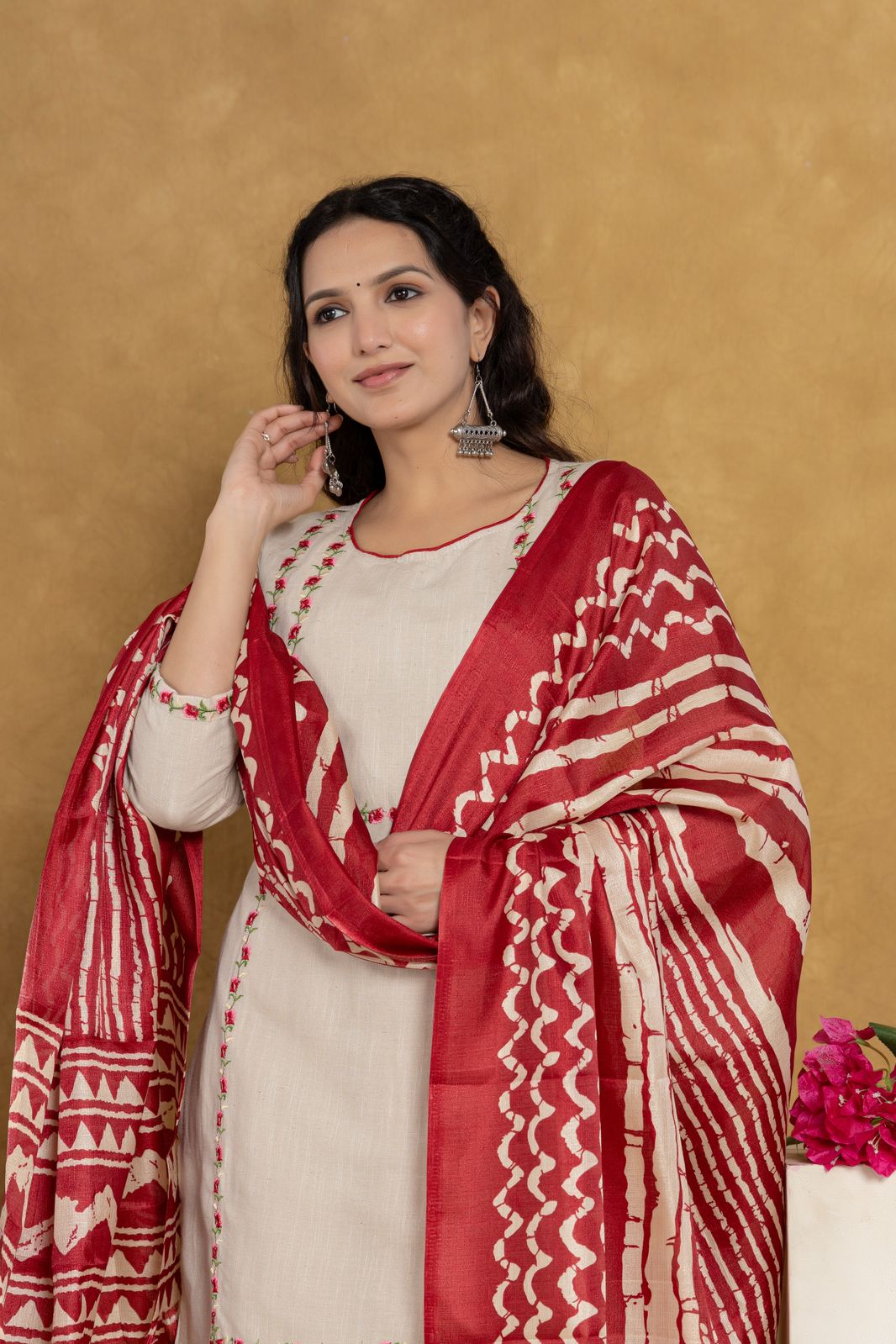 Cotton Flex Floral Embroidered Kurta Set with Printed Dupatta