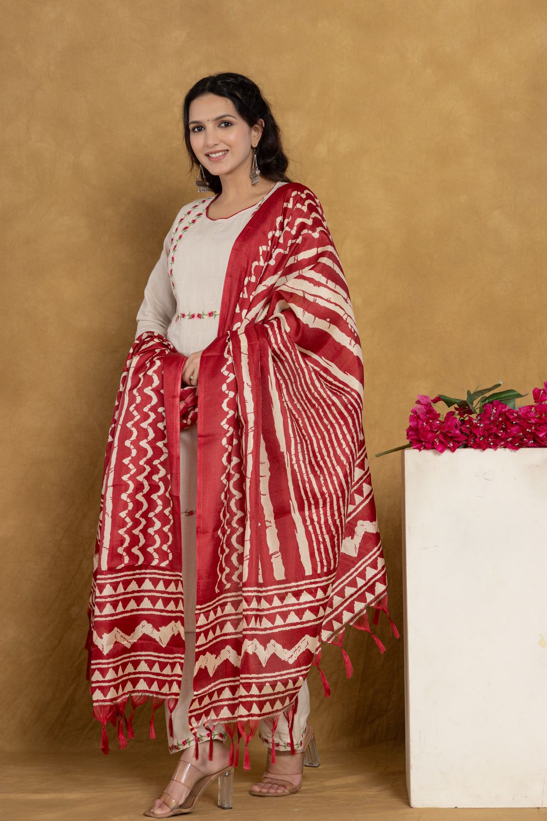 Cotton Flex Floral Embroidered Kurta Set with Printed Dupatta