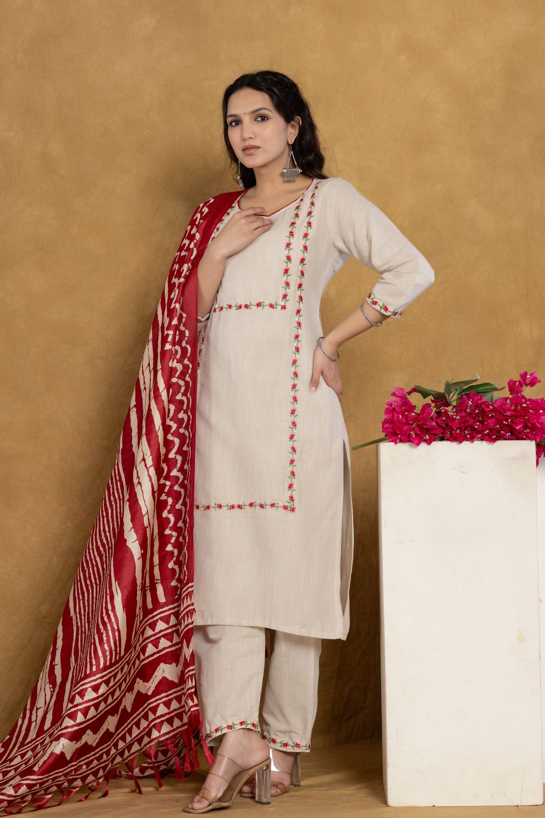 Cotton Flex Floral Embroidered Kurta Set with Printed Dupatta