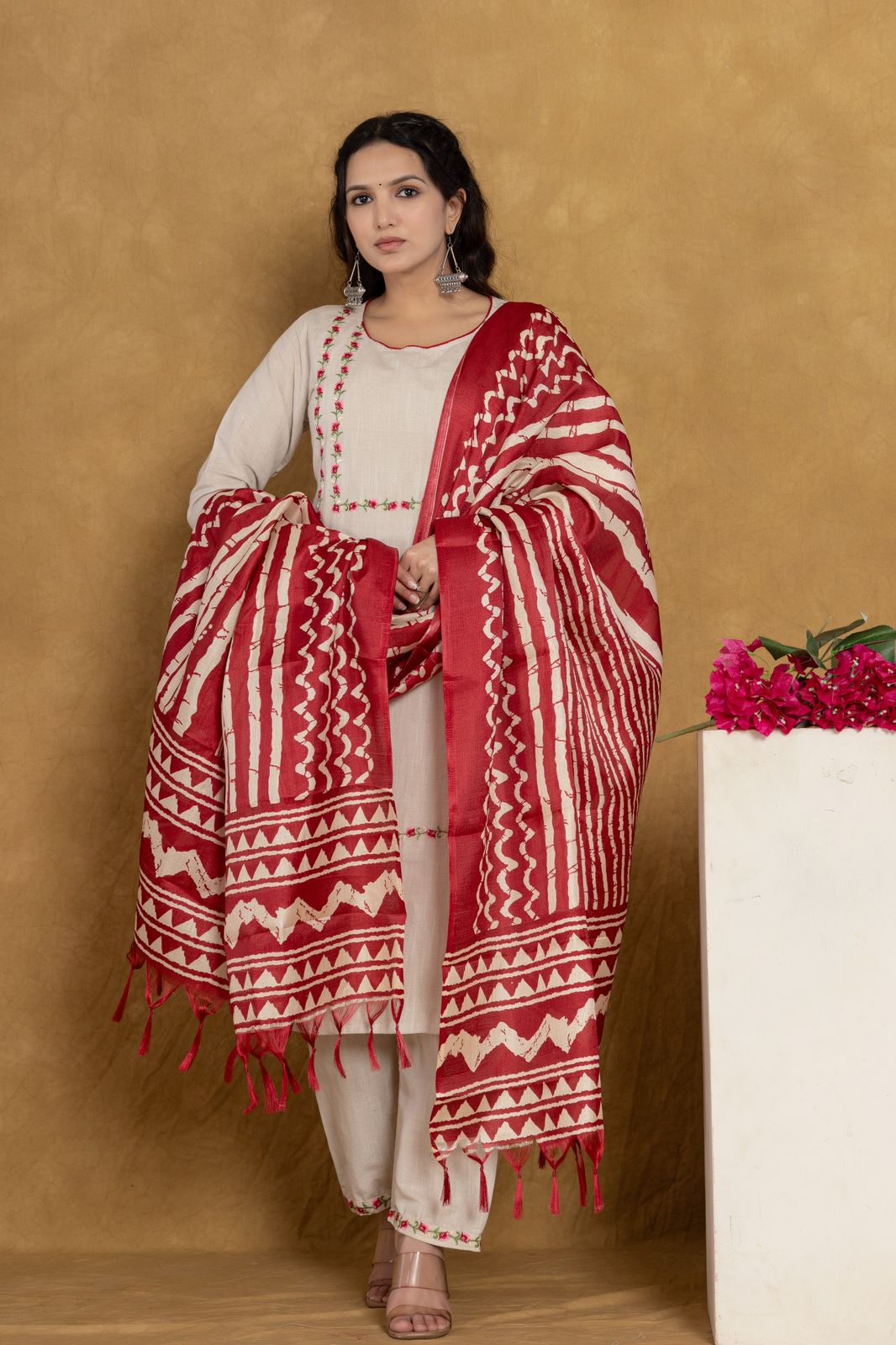 Cotton Flex Floral Embroidered Kurta Set with Printed Dupatta