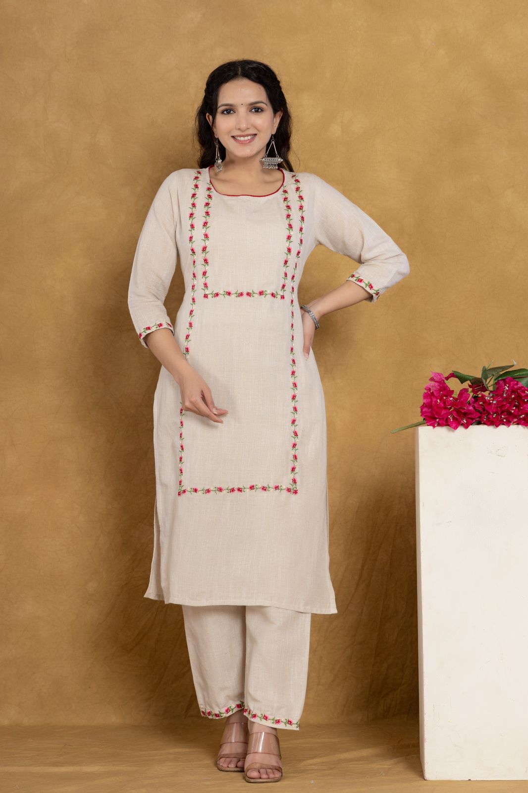 Cotton Flex Floral Embroidered Kurta Set with Printed Dupatta