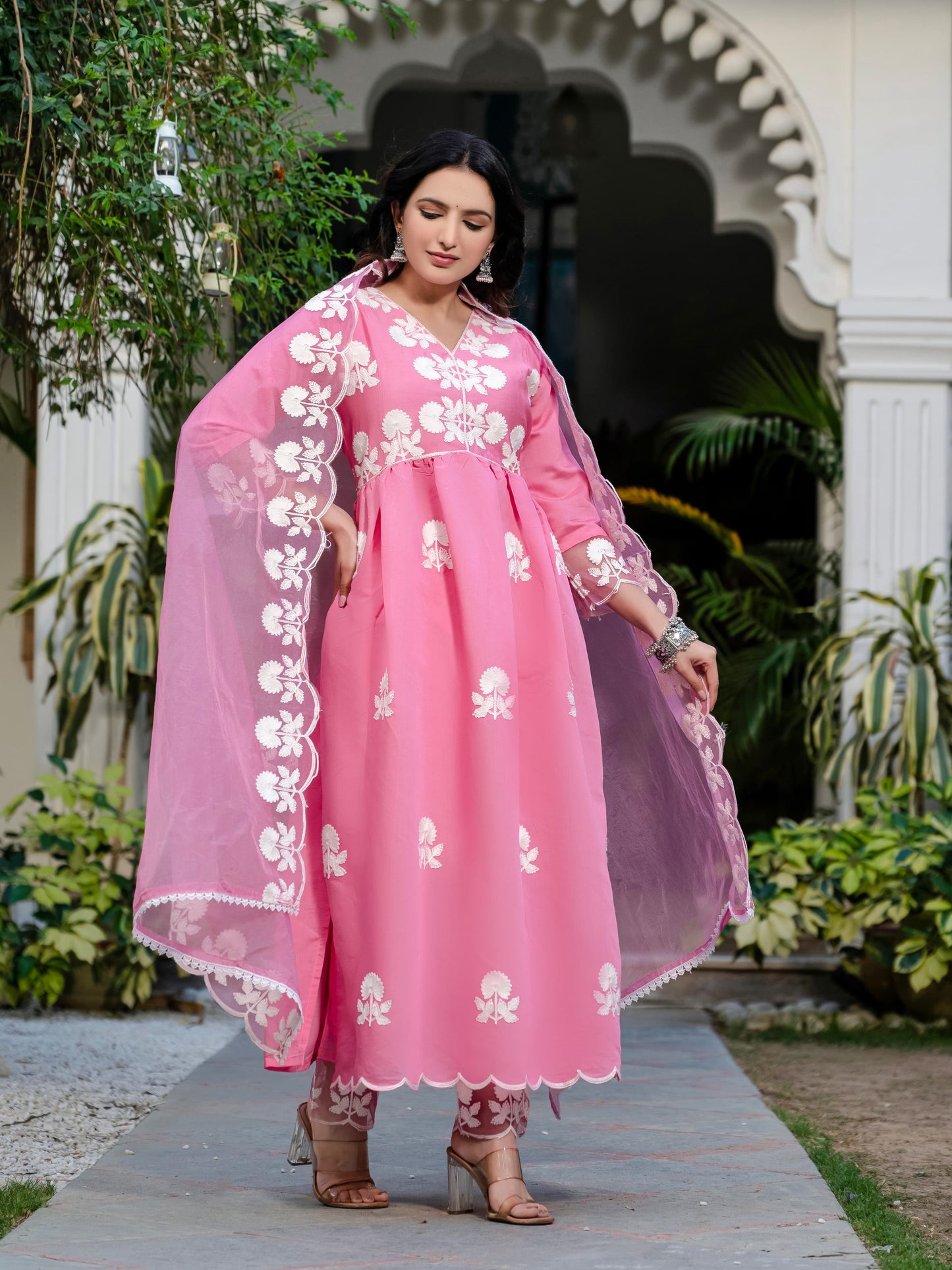 Pink Floral Embroidered V-Neck A-Line Kurta With Trouser & Dupatta