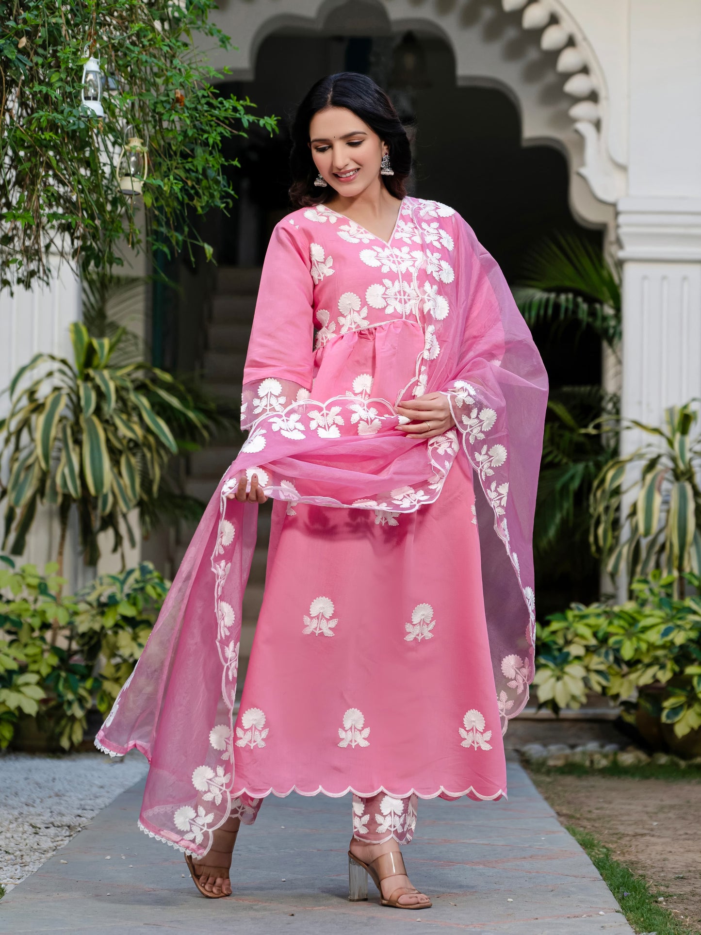 Pink Floral Embroidered V-Neck A-Line Kurta With Trouser & Dupatta