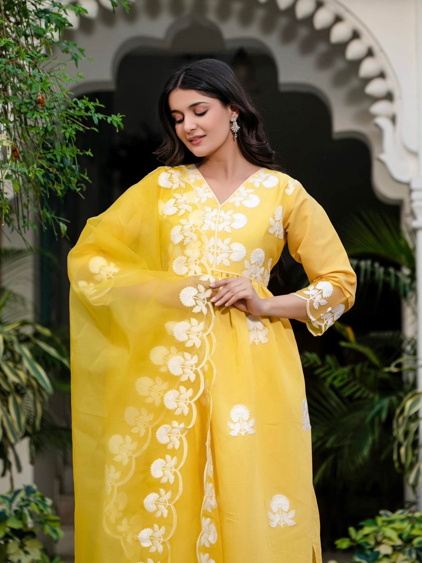 Yellow Floral Embroidered V-Neck A-Line Kurta With Trouser & Dupatta