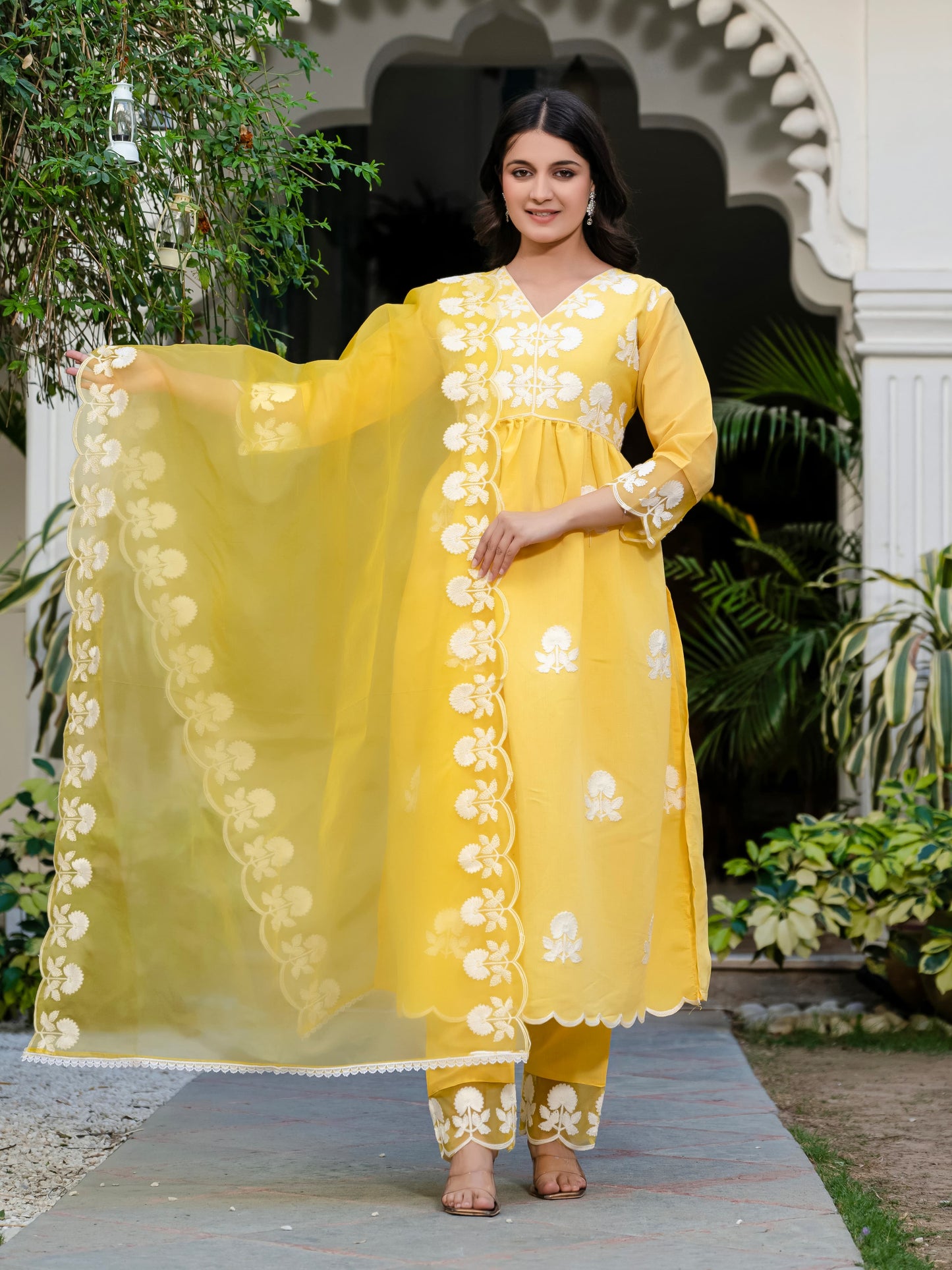 Yellow Floral Embroidered V-Neck A-Line Kurta With Trouser & Dupatta