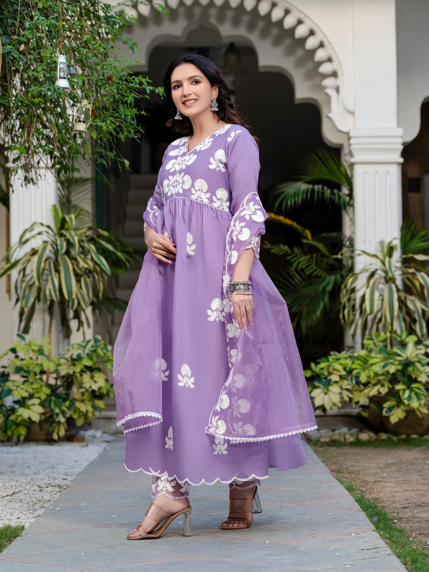 Purple Floral Embroidered V-Neck A-Line Kurta With Trouser & Dupatta