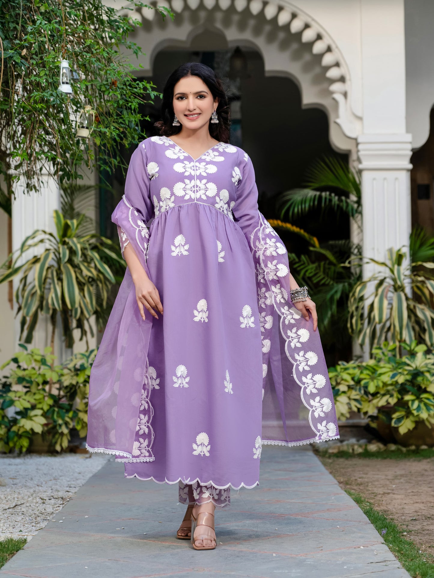 Purple Floral Embroidered V-Neck A-Line Kurta With Trouser & Dupatta