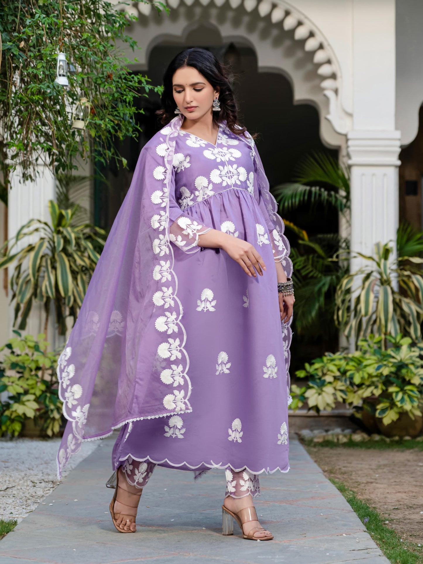 Purple Floral Embroidered V-Neck A-Line Kurta With Trouser & Dupatta