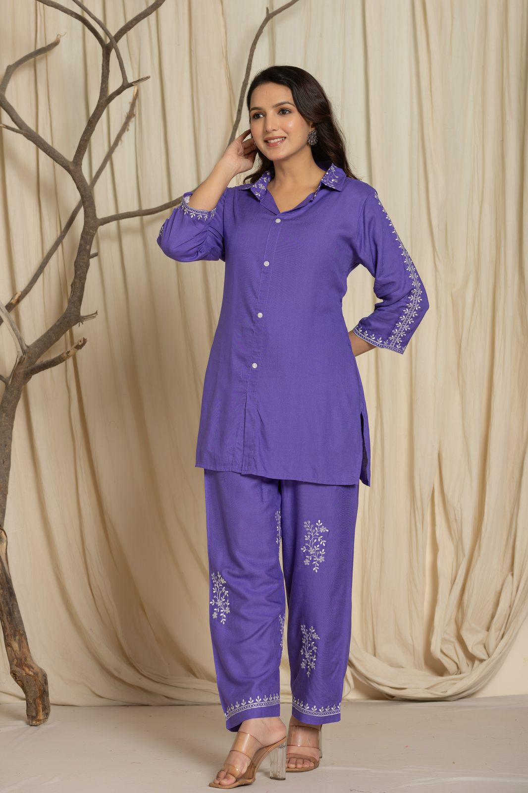 Casual Violet Color Printed Cotton Cord Set