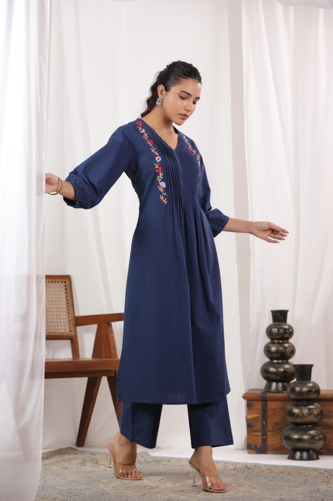 Beautiful Pure Cotton Fabric Pleated Pattern Kurta With Heavy embroidered panels Work