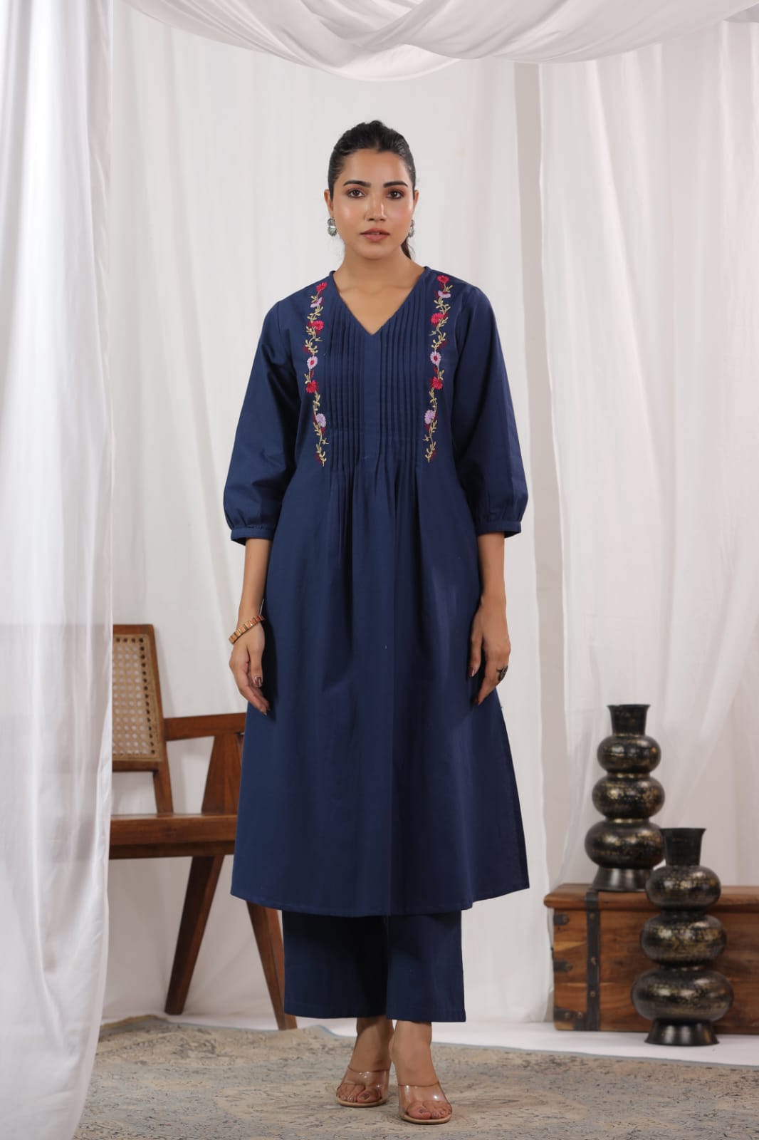 Beautiful Pure Cotton Fabric Pleated Pattern Kurta With Heavy embroidered panels Work