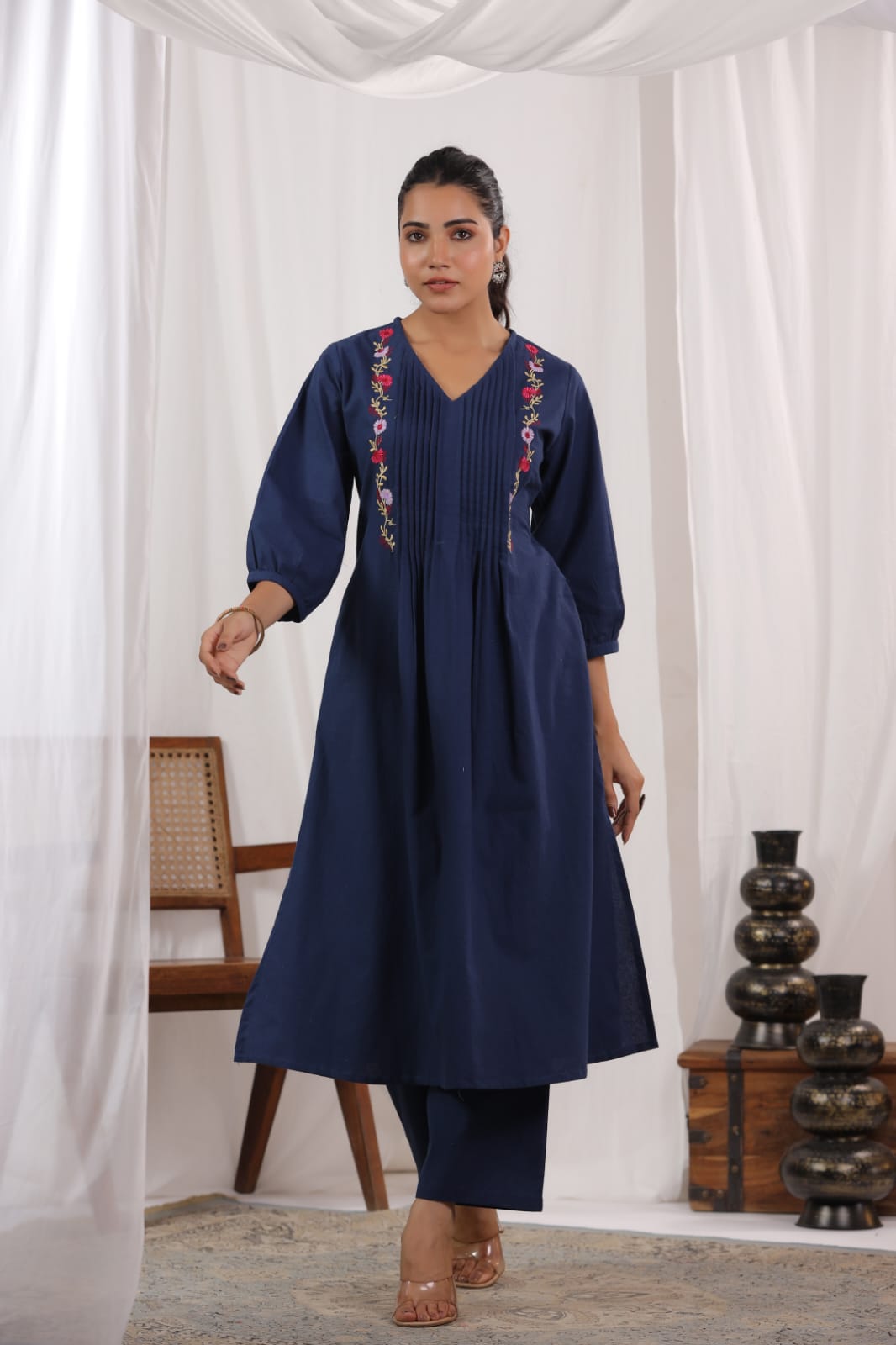Beautiful Pure Cotton Fabric Pleated Pattern Kurta With Heavy embroidered panels Work