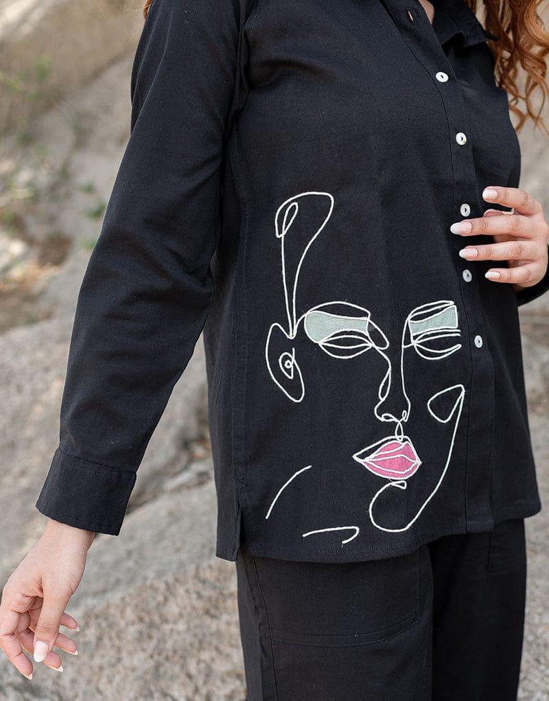 Black Collared Co-ord Set with Artistic Abstract Face Embroidery