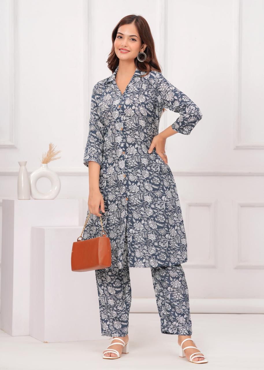 Dark Grey Cotton Printed A Line Cord Set for Women