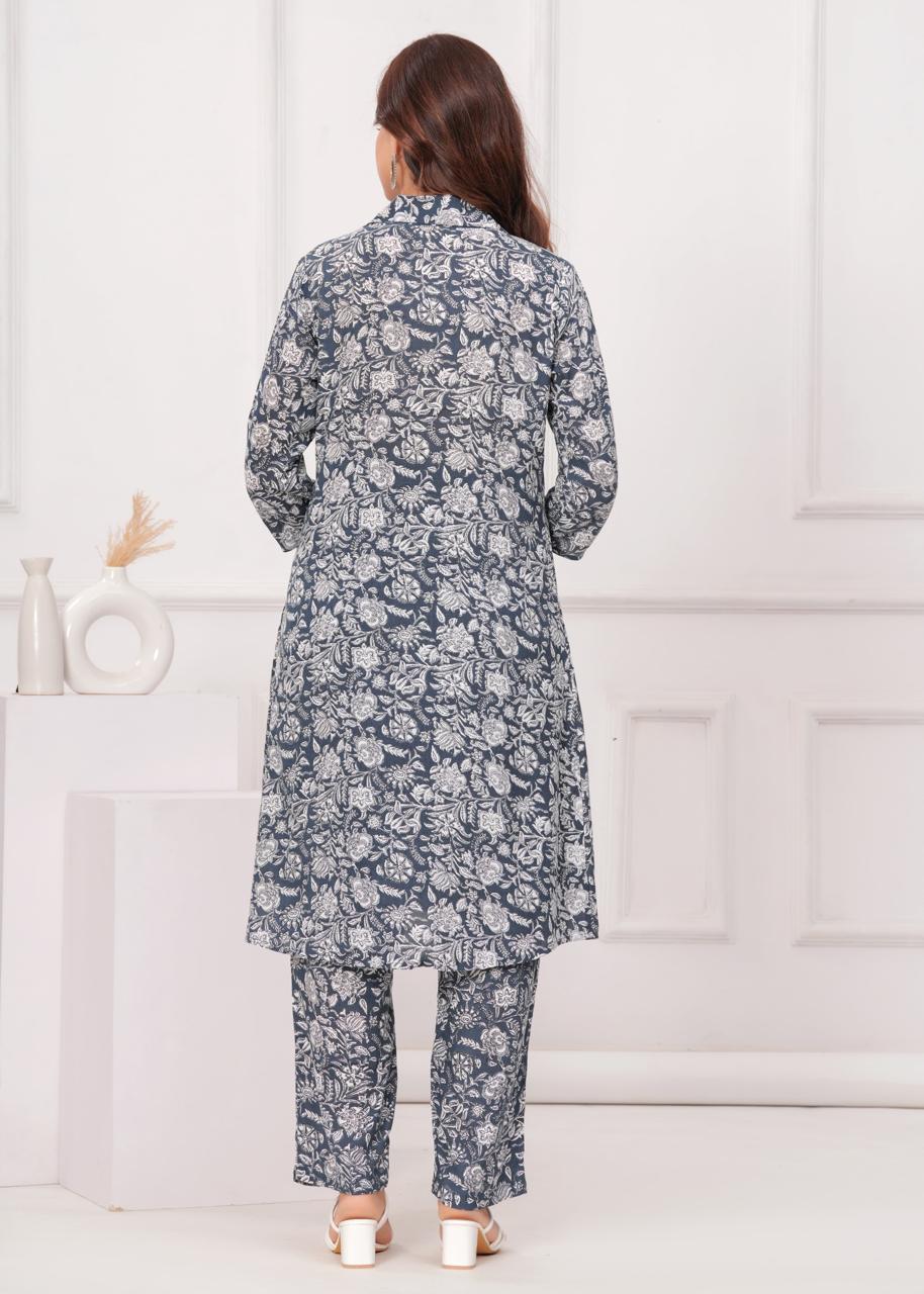Dark Grey Cotton Printed A Line Cord Set for Women