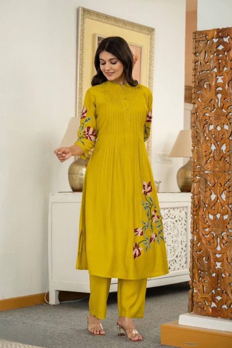 Yellow Color Co-ord Set With Floral Embroidery At Front And Sleeves