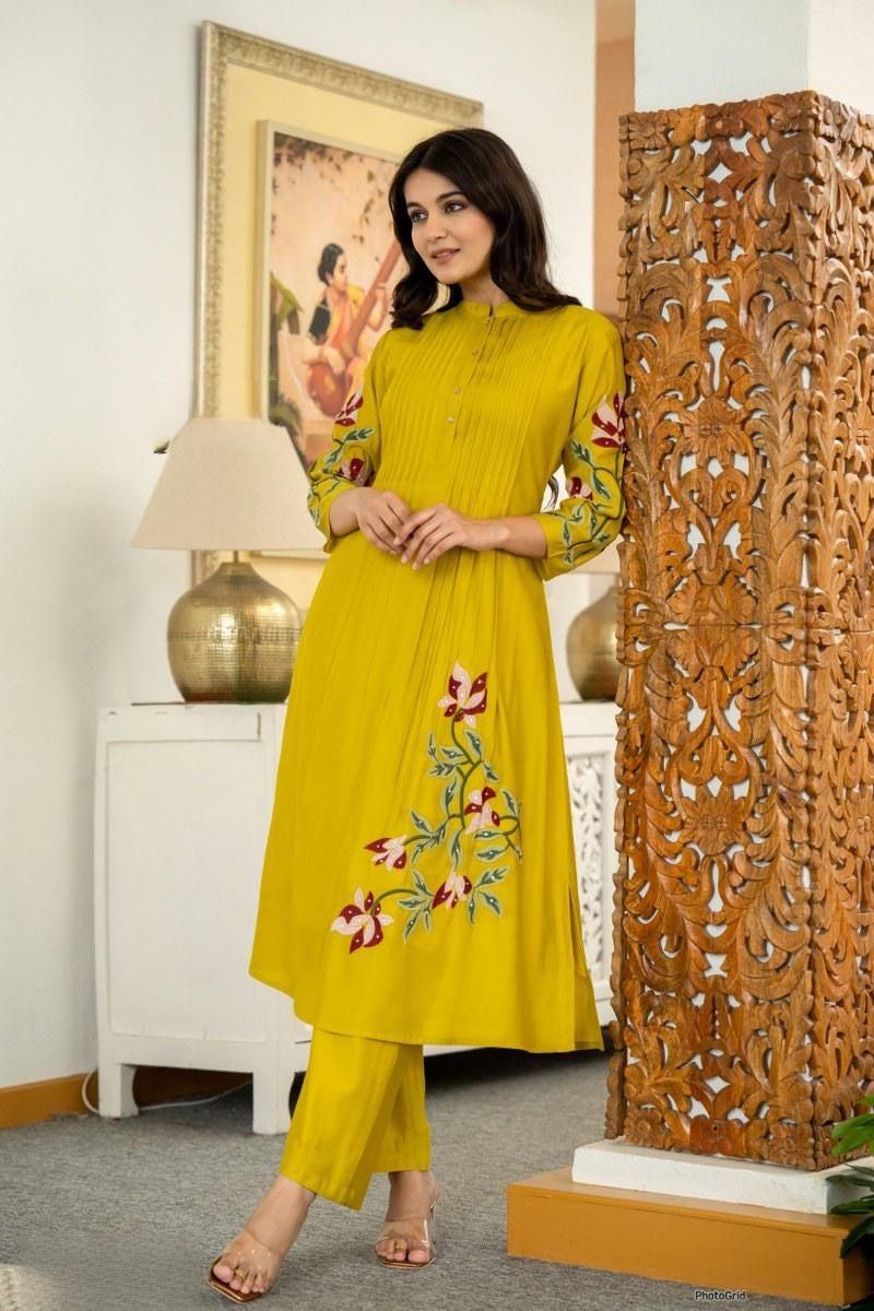 Yellow Color Co-ord Set With Floral Embroidery At Front And Sleeves