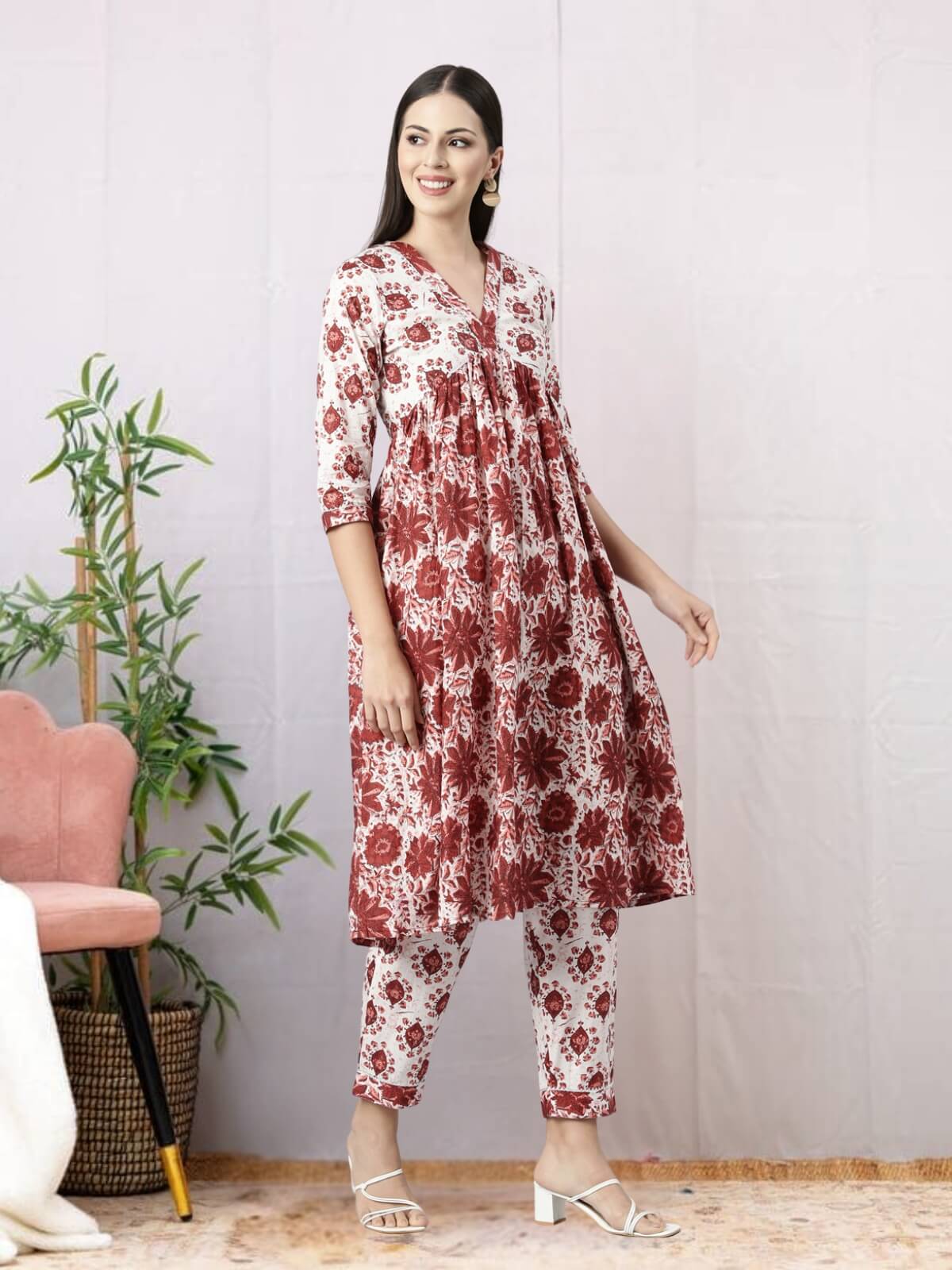 Maroon Abstract Print Kurti Set With Pant