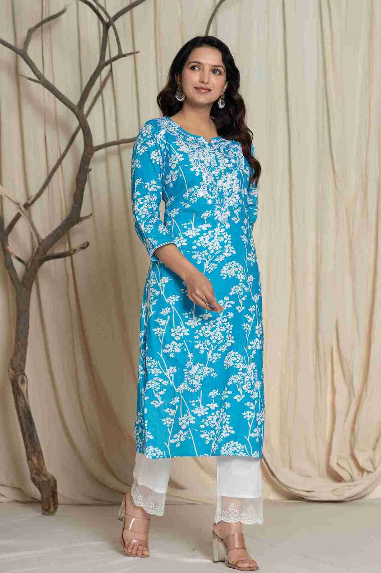 Sky Blue Color Kurta Set With White Abstract Print