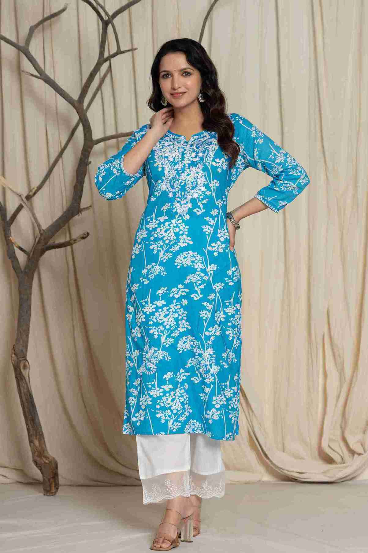 Sky Blue Color Kurta Set With White Abstract Print