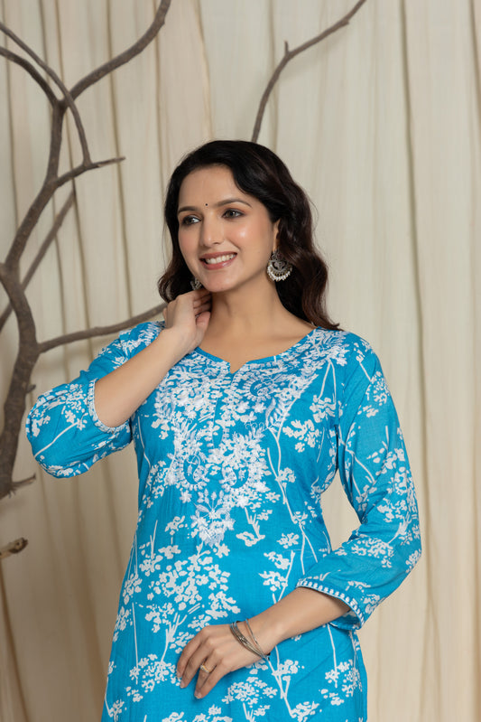 Sky Blue Color Kurta Set With White Abstract Print