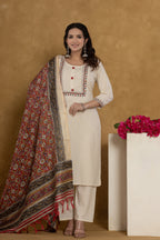 Off-White Cotton Kurti Set with Floral Embroidery And Dora Silk Dupatta