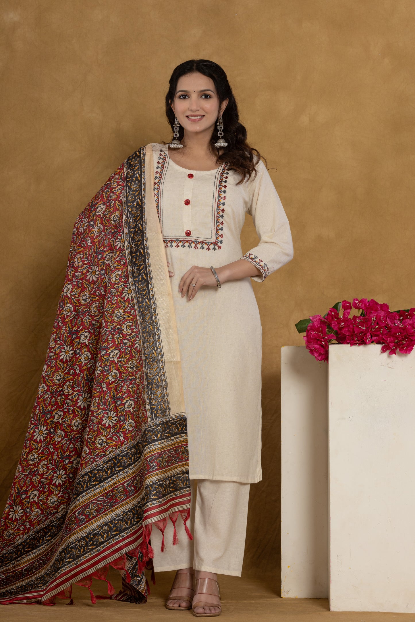 Off-White Kurti Set with Floral Embroidery, Pants & Printed Dupatta