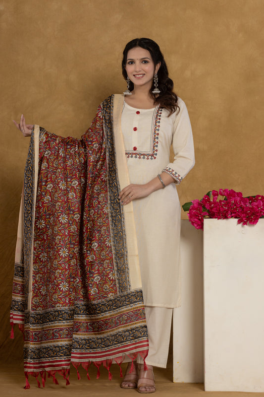 Off-White Kurti Set with Floral Embroidery, Pants & Printed Dupatta