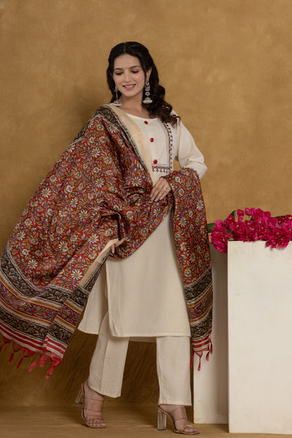 Off-White Kurti Set with Floral Embroidery, Pants & Printed Dupatta