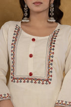 Off-White Cotton Kurti Set with Floral Embroidery And Dora Silk Dupatta