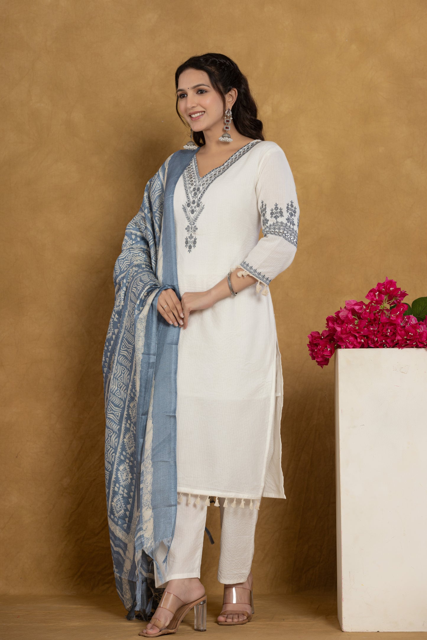 Side view of Pure Fine Katha Cotton kurti with pant and dupatta from Samhitas Apparel