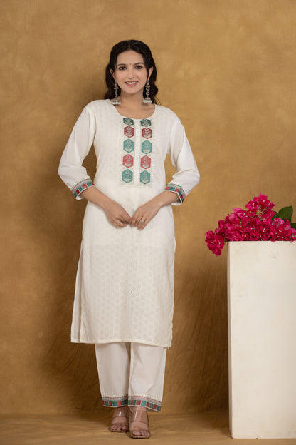 White Chikankari Suit with Floral Motifs, Matching Pants, and Bandhani Printed Dupatta