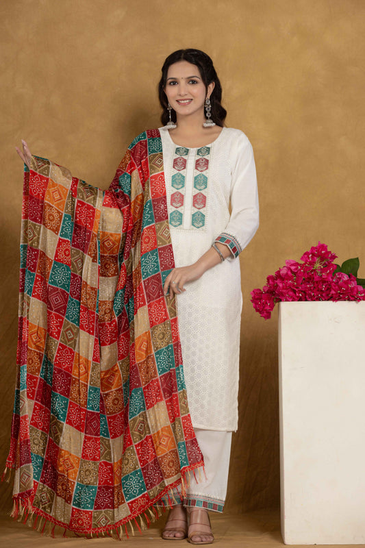 White Chikankari Suit with Floral Motifs, Matching Pants, and Bandhani Printed Dupatta