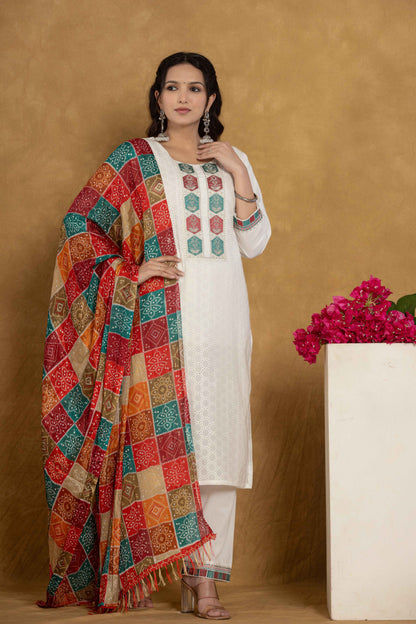 White Chikankari Suit with Floral Motifs, Matching Pants, and Bandhani Printed Dupatta