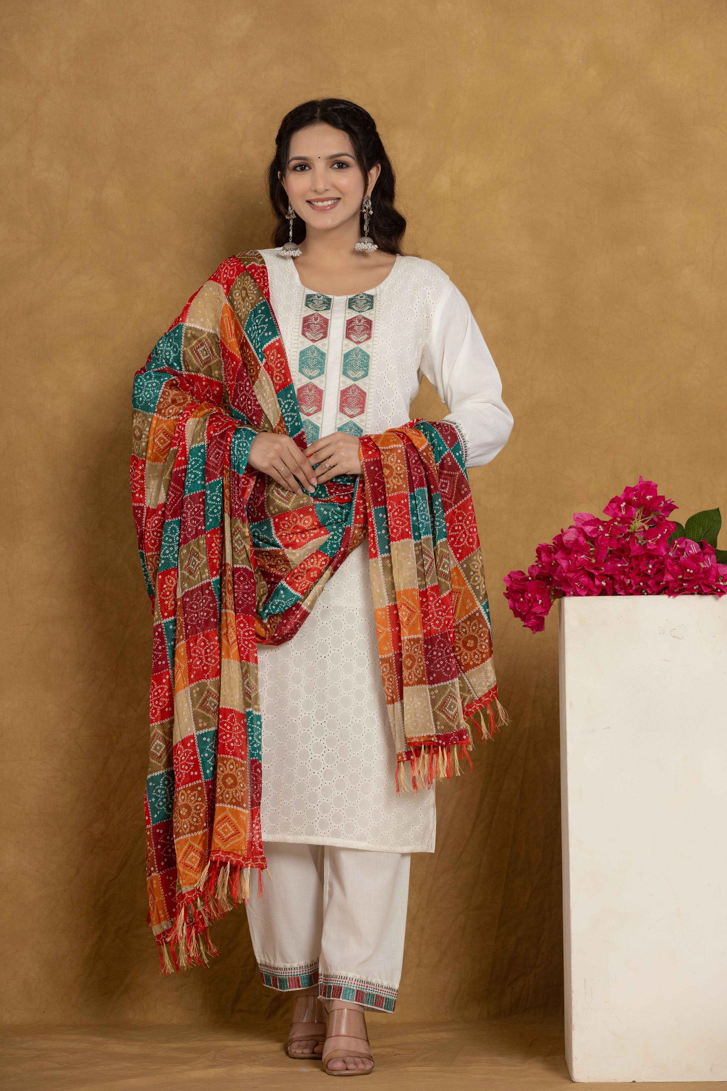 White Chikankari Suit with Floral Motifs, Matching Pants, and Bandhani Printed Dupatta