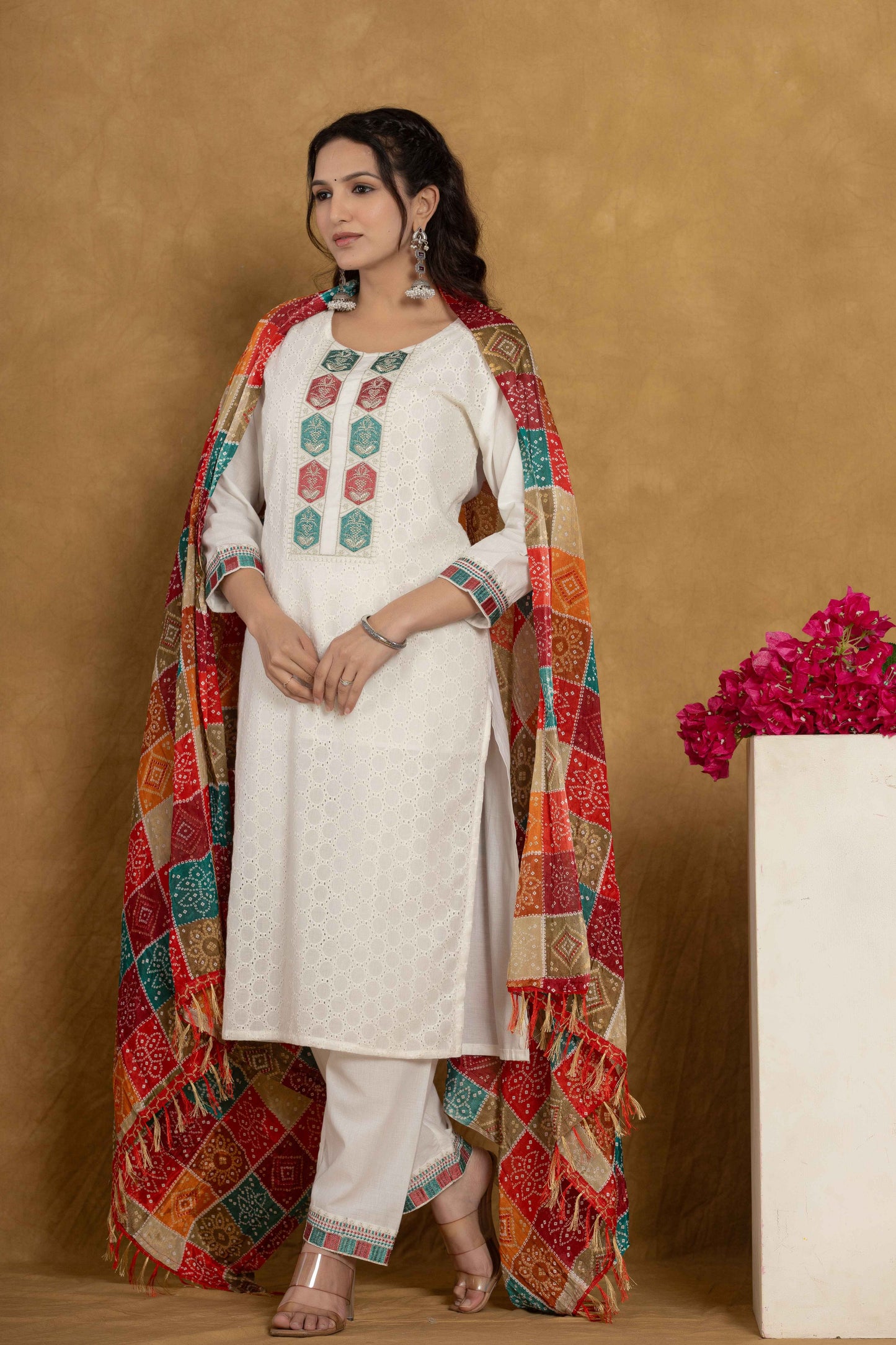 White Chikankari Suit with Floral Motifs, Matching Pants, and Bandhani Printed Dupatta