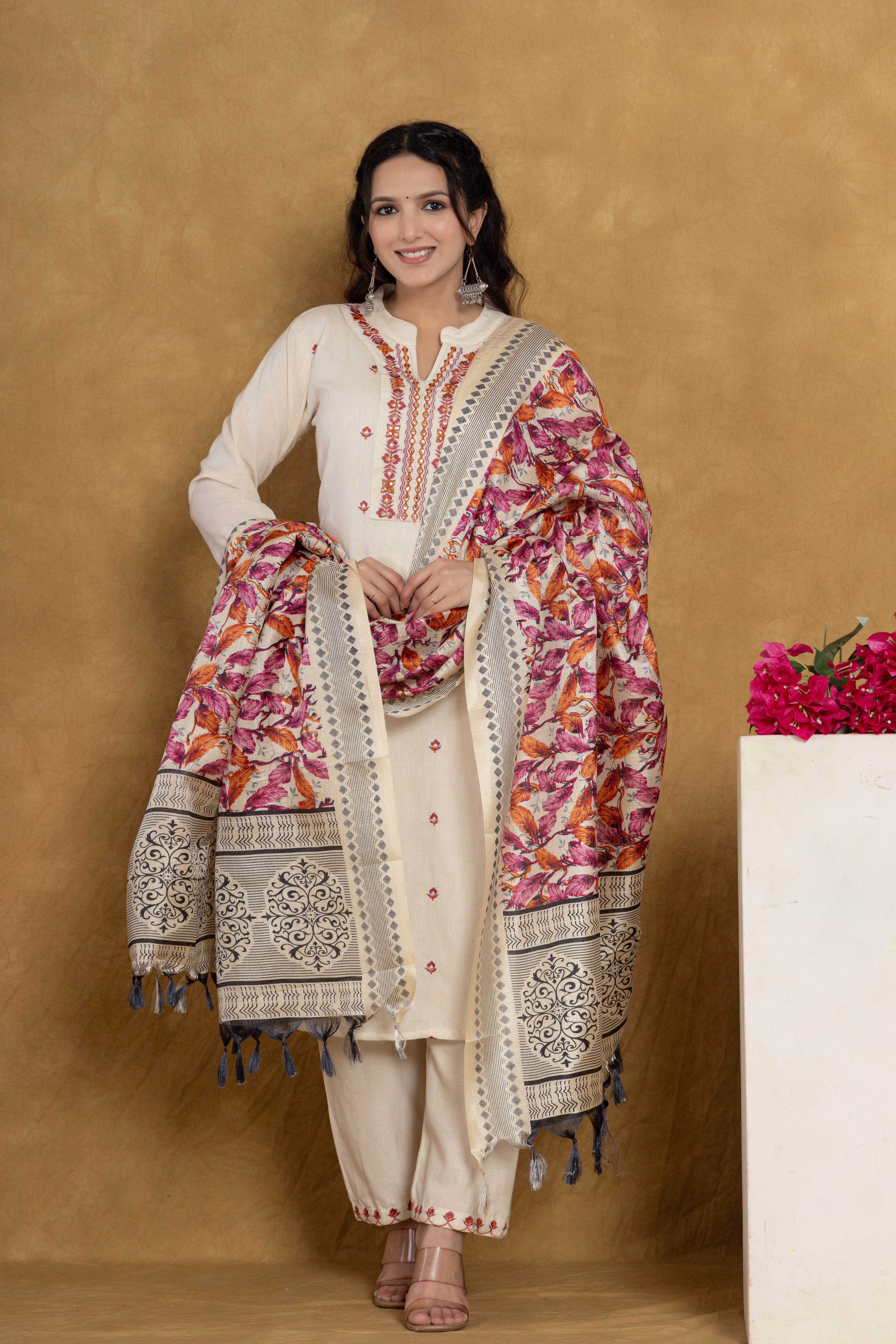 Elegant Off-White Kurti Set with Pink Floral Embroidery and Printed Dupatta