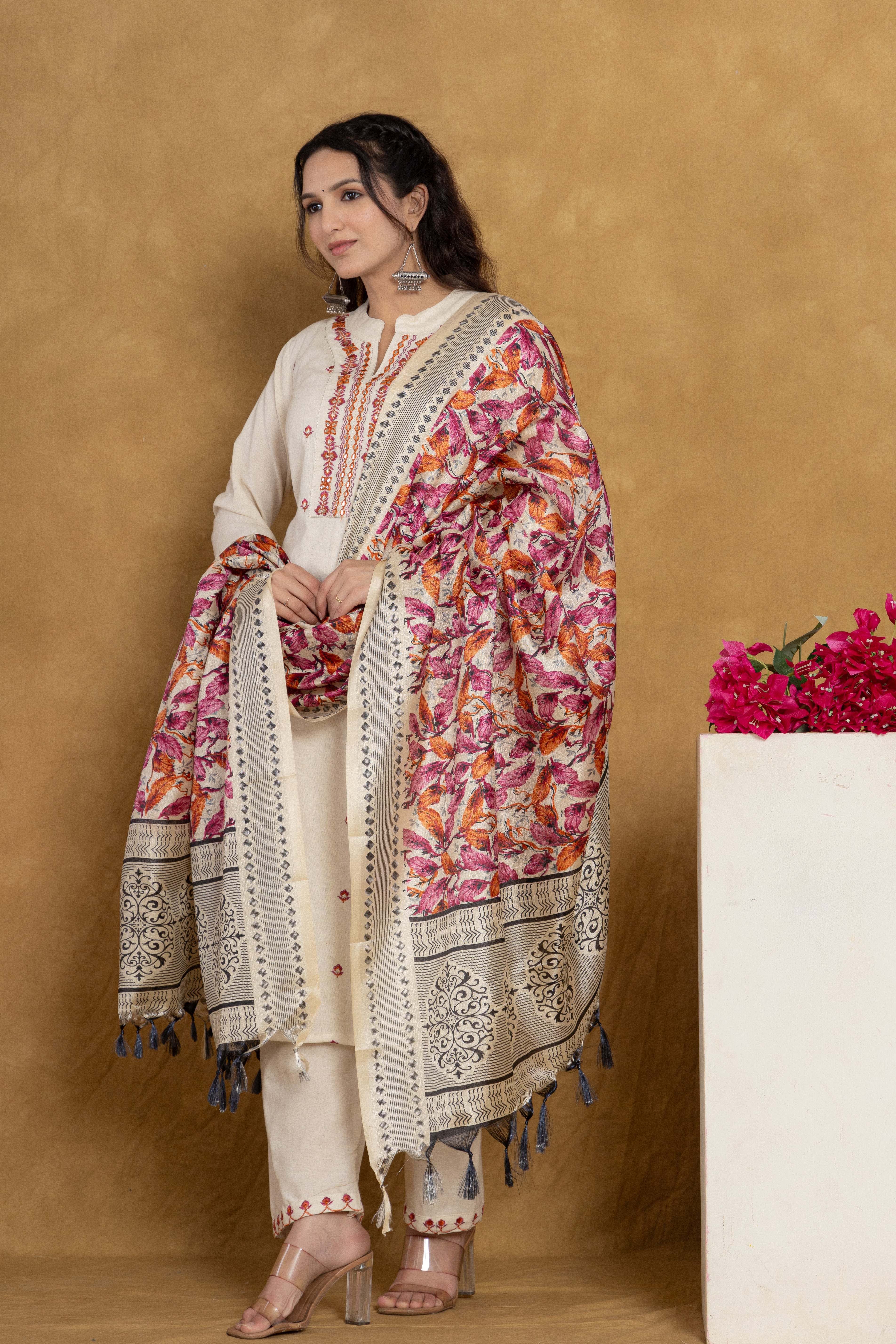 Elegant Off-White Kurti Set with Pink Floral Embroidery and Printed Dupatta