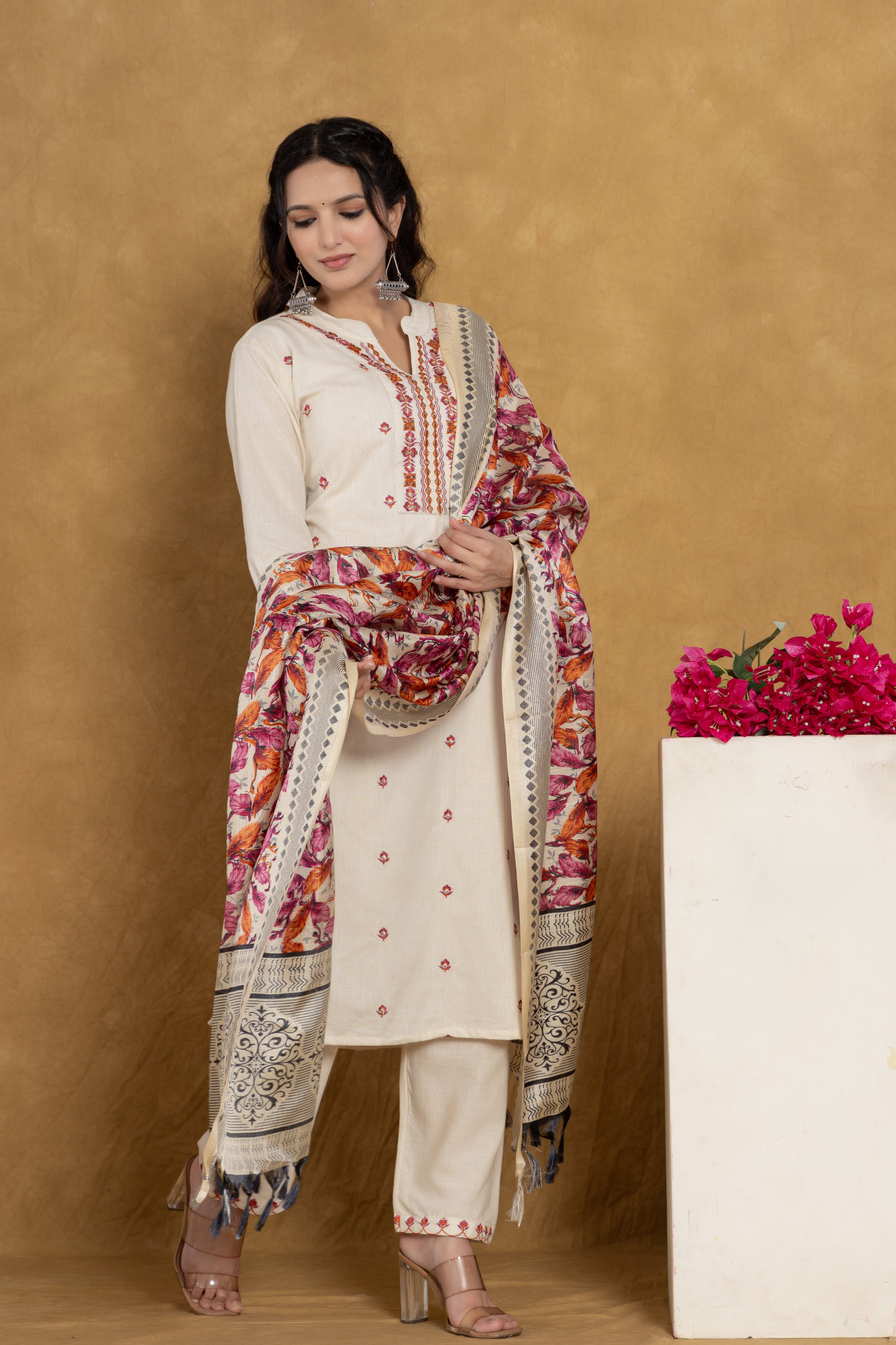 Elegant Off-White Kurti Set with Pink Floral Embroidery and Printed Dupatta