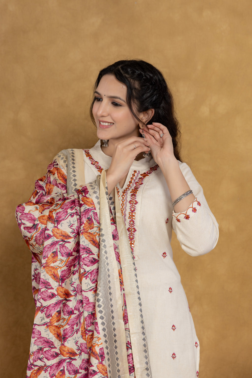 Elegant Off-White Kurti Set with Pink Floral Embroidery and Printed Dupatta