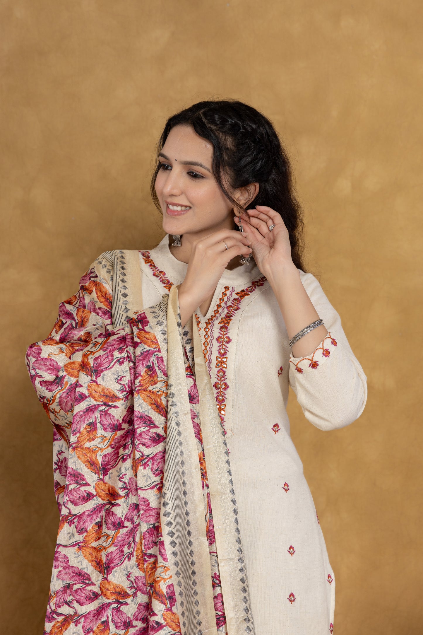 Elegant White Kurti Set with Pink Floral Embroidery and Printed Dupatta