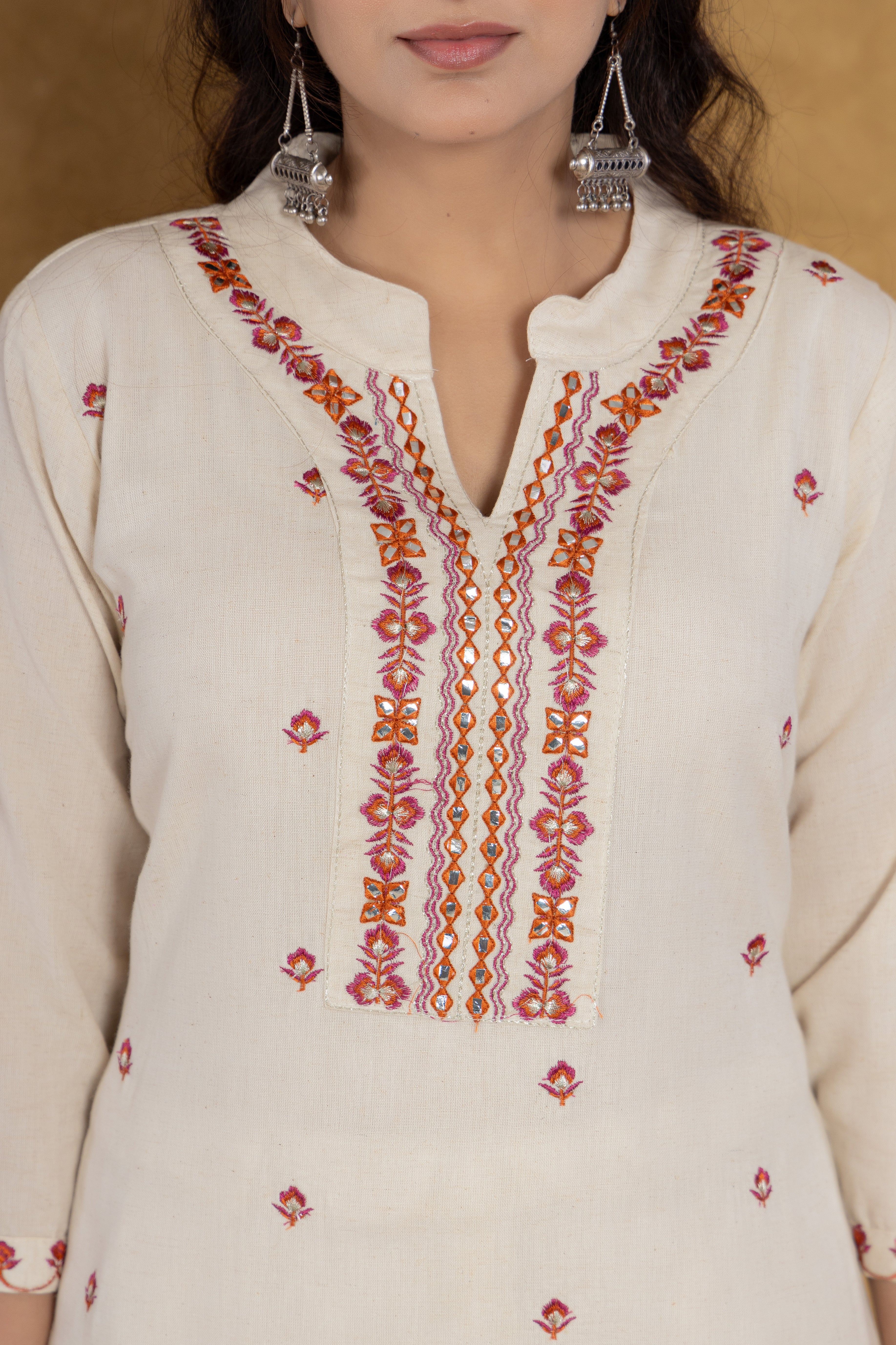 Elegant Off-White Kurti Set with Pink Floral Embroidery and Printed Dupatta