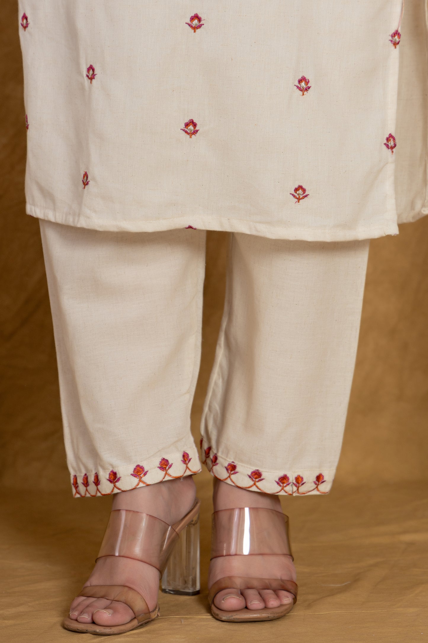 Elegant White Kurti Set with Pink Floral Embroidery and Printed Dupatta