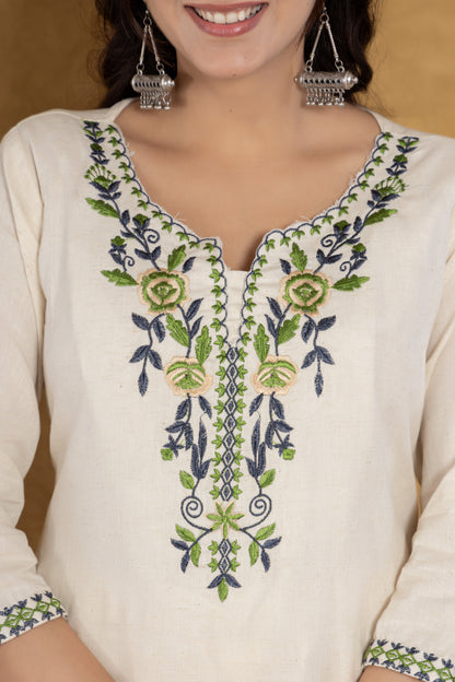 Closeup Image Of Elegant Green Cotton Kurta with Intricate Sleeve Embroidery and Silk Dupatta From Samhitas Apparel