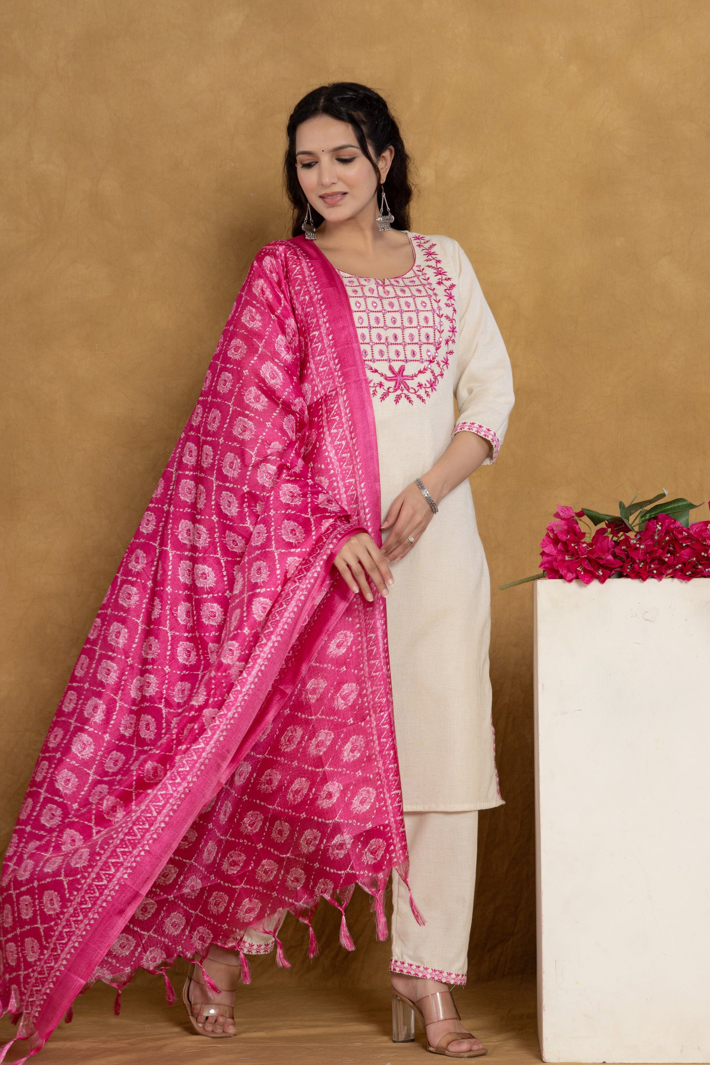 Beautiful Pink Cotton Kurta Set with Silk Dupatta