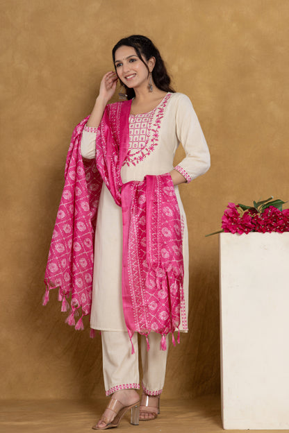 Pink Katha Cotton fabric Straight kurti with pant and dupatta.