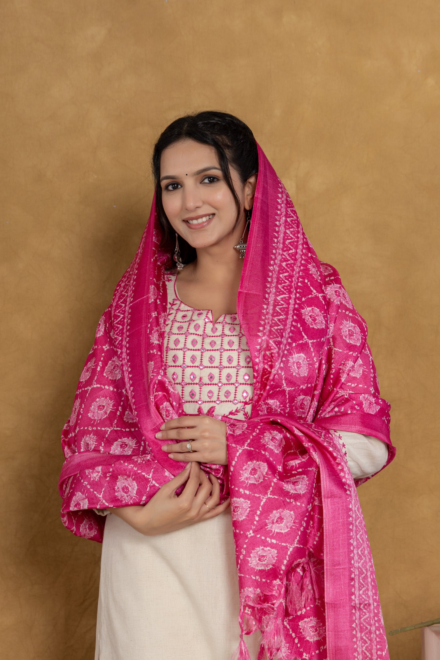 Beautiful Pink Cotton Kurta Set with Silk Dupatta