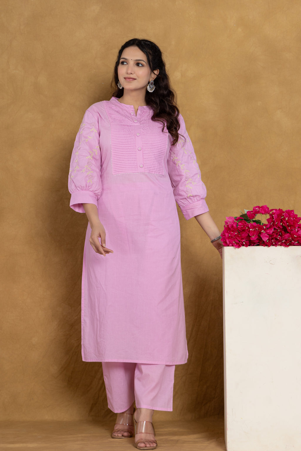 Pink Cotton kurti Set with Embroidery & Pintex Detailing